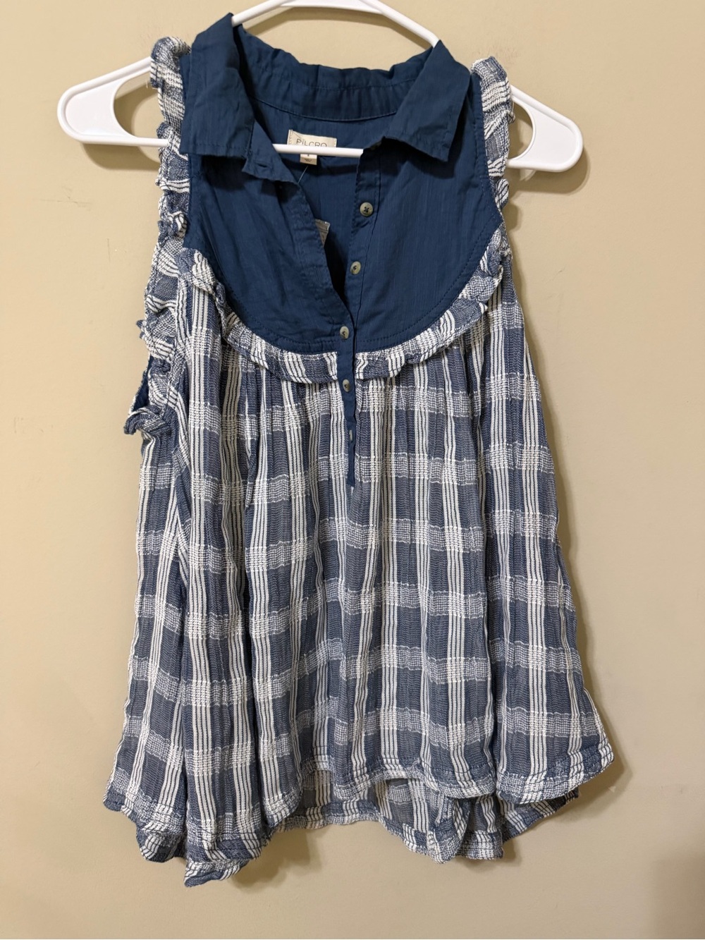 Pilcro Blue and White Checked Ruffle Yoke Tank new small peasant preppy chic
